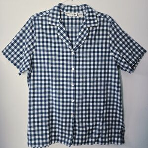 Cathy Daniels Gingham Shirt Size L Blue Cotton Cottage Shell Buttons Retro 50s